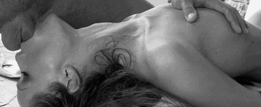 girl laying on her back man inserting penis in her mouth animate gif image in black and white
