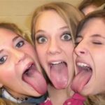 3 young teen girls tongue out mouth open eyes closed